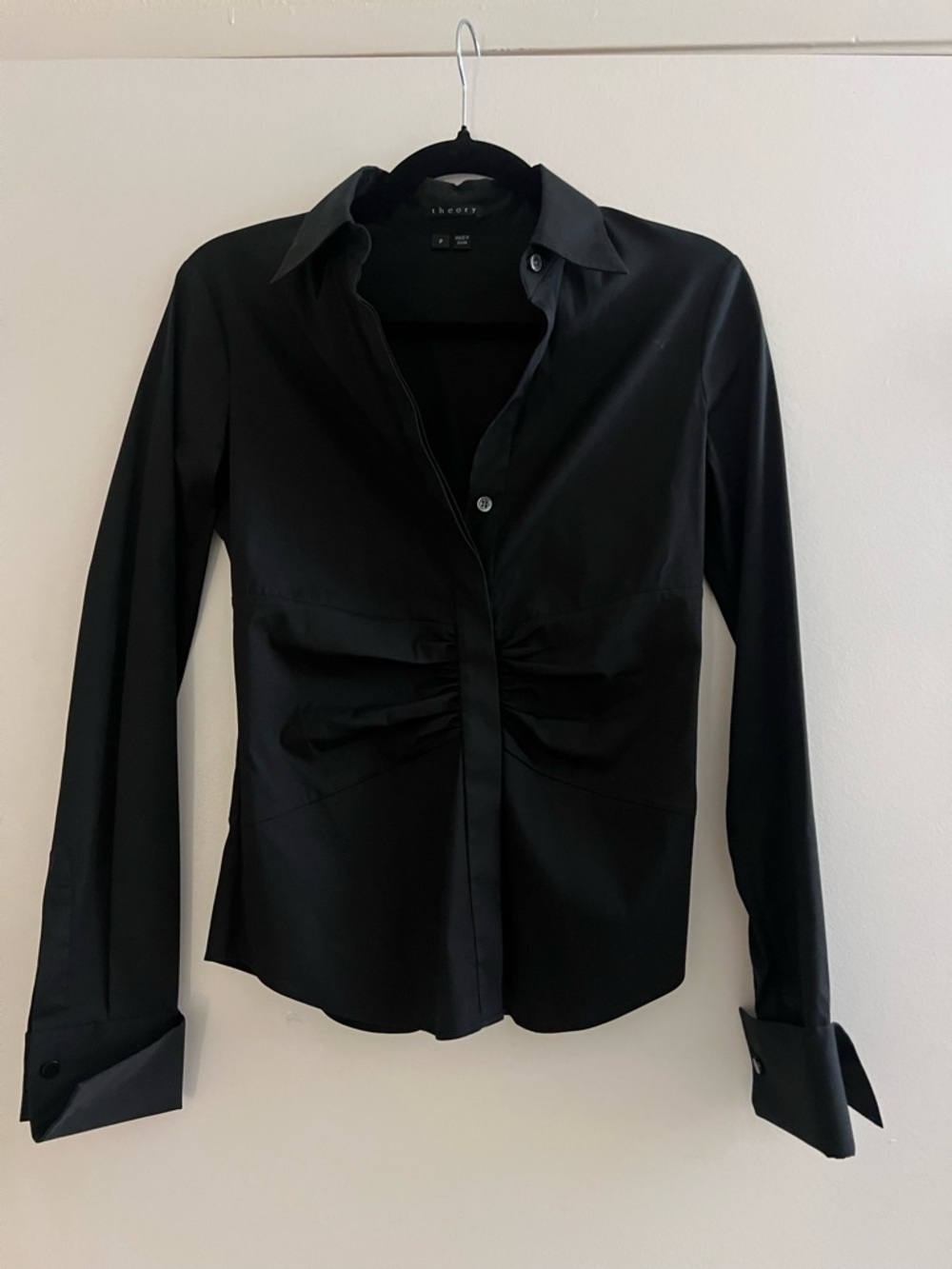 Theory Black Ruched-Waist Button-Front Shirt